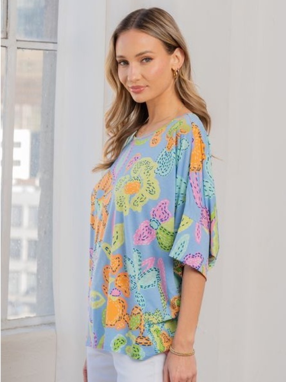 Sew In Love Pastel Blue Floral Print Women's Top Batwing sleeve XL